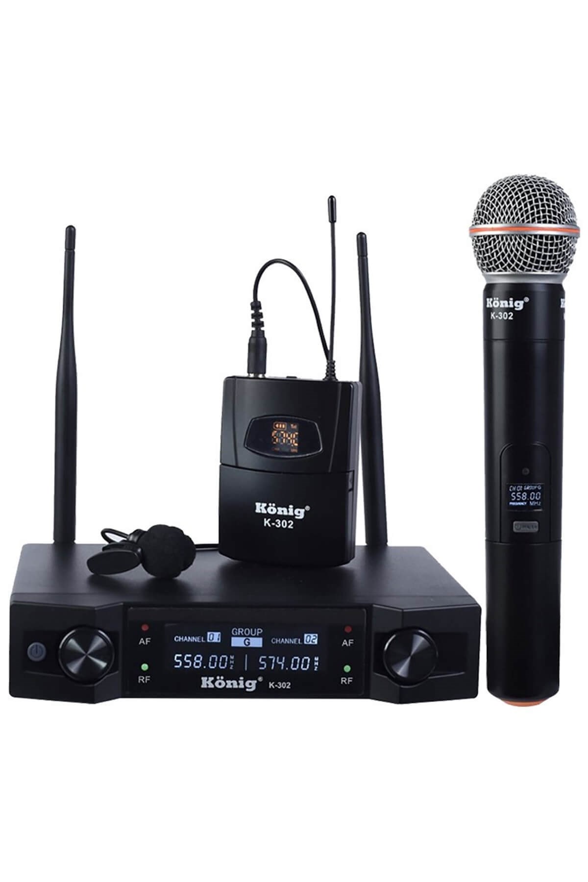 König K-302 UHF Sabit Çift Kanal 1 El + 1 Yaka Telsiz Mikrofon